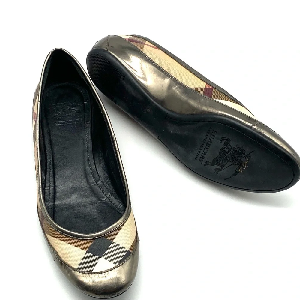 BURBERRY NOVA CHECK PEWTER GUNMETAL SILVER LEATHER BALLET FLAT SHOES 39.5 / 8.5 - Picture 6 of 7